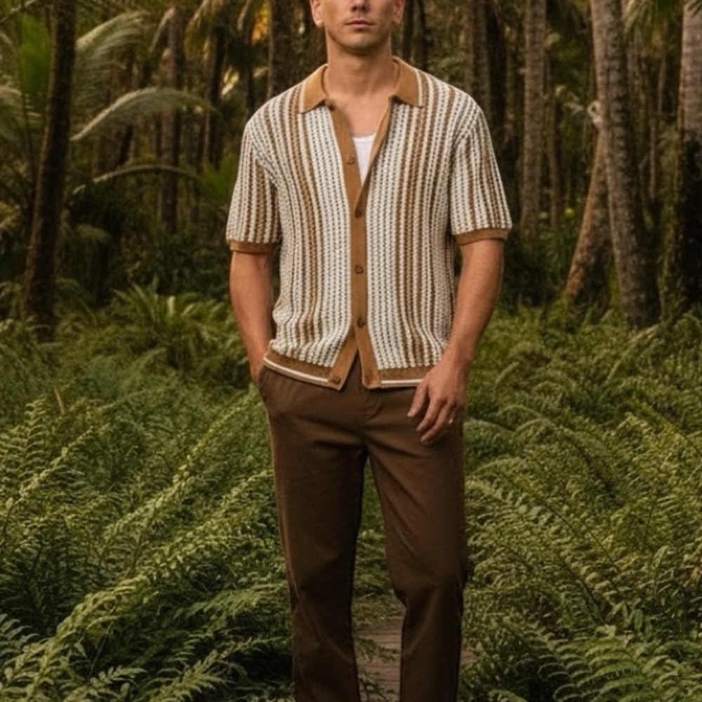 Reef Brown & White Knit Stripe Collared Button Up Cabana Shirt Size XXLarge